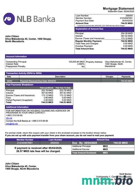 Macedonia Północna NLB Banka wyciąg z kredytu hipotecznego szablon Word i PDF